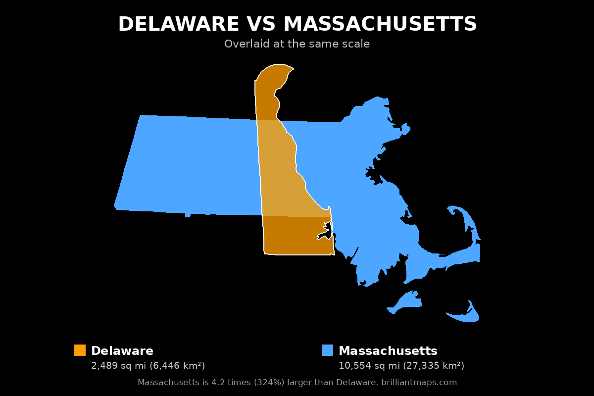 Delaware vs Massachusetts Size Comparison Map