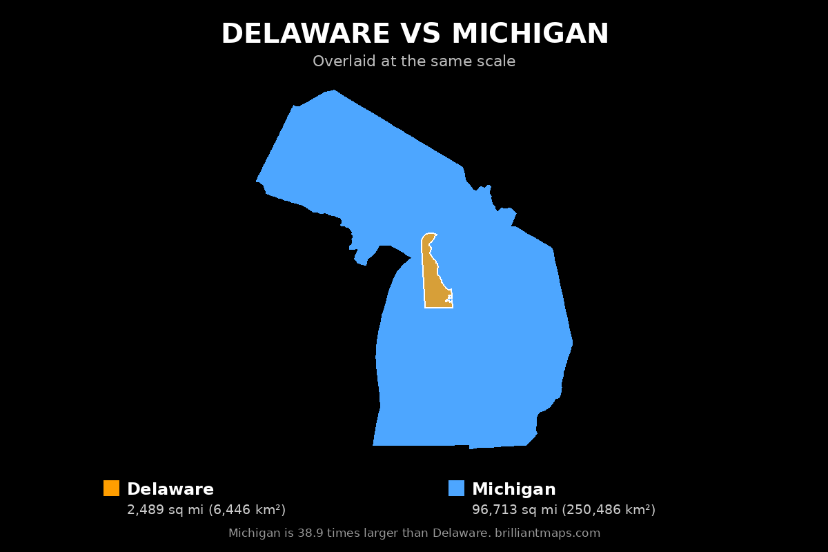 Delaware vs Michigan Size Comparison Map