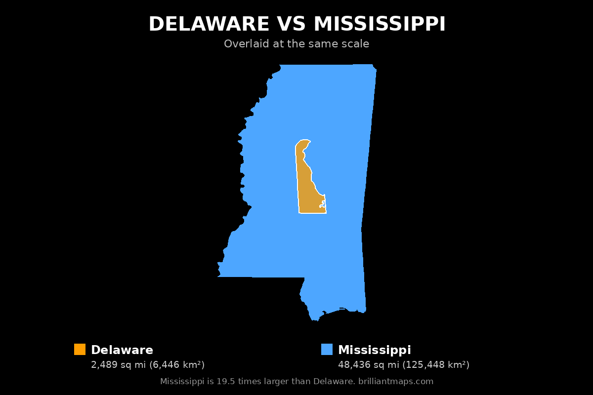 Delaware vs Mississippi Size Comparison Map