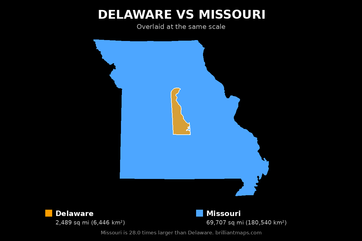 Delaware vs Missouri Size Comparison Map