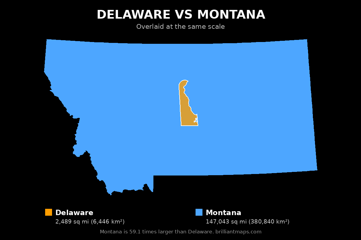Delaware vs Montana Size Comparison Map