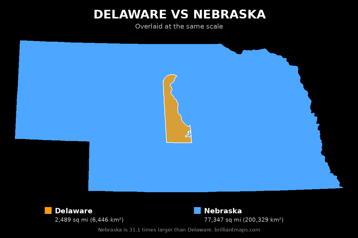 Delaware vs Nebraska Size Comparison Map