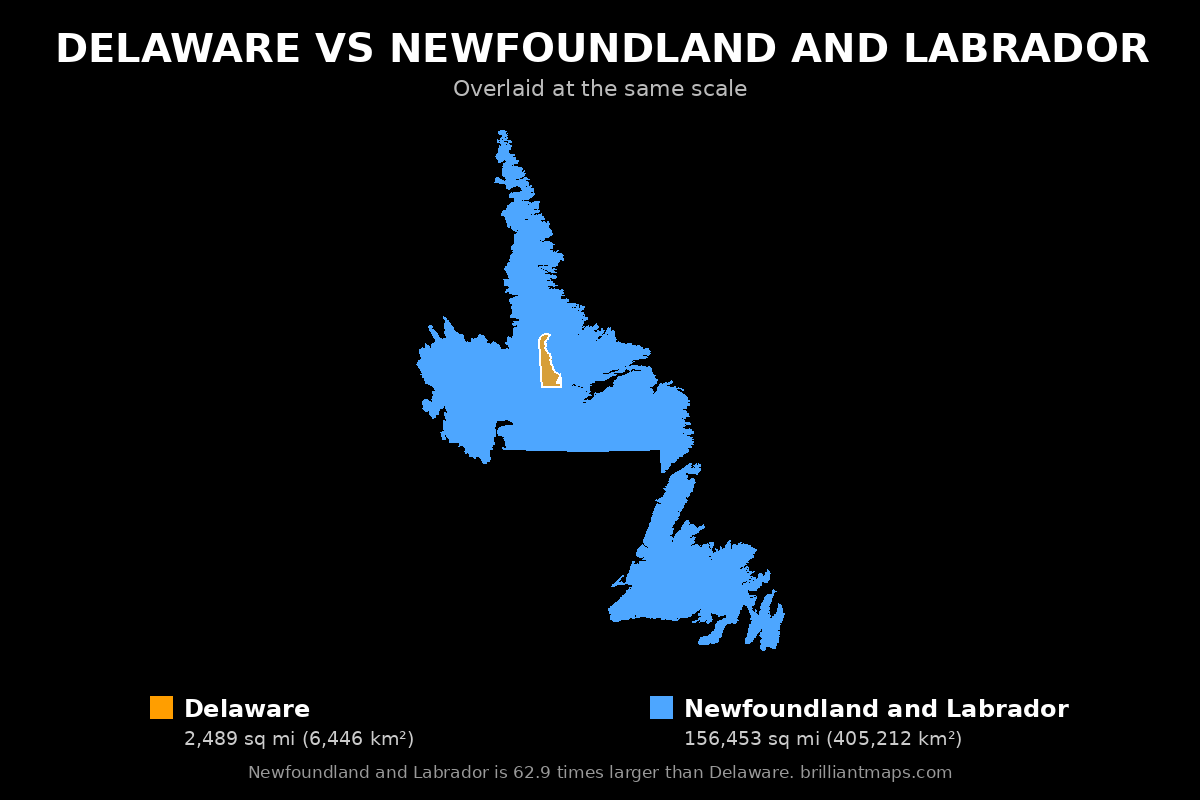 Delaware vs Newfoundland and Labrador Size Comparison Map