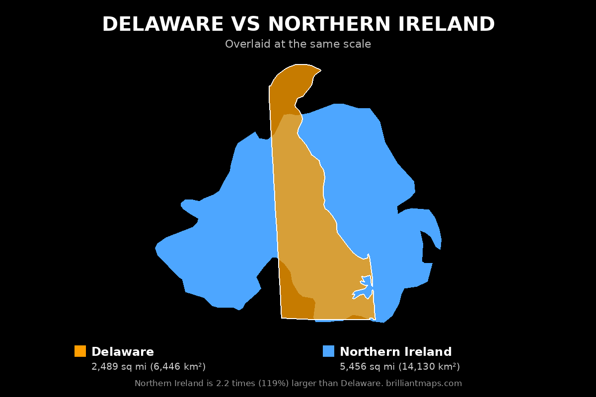 Delaware vs Northern Ireland Size Comparison Map