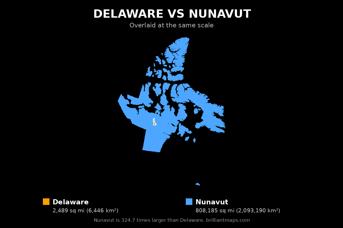 Delaware vs Nunavut Size Comparison Map