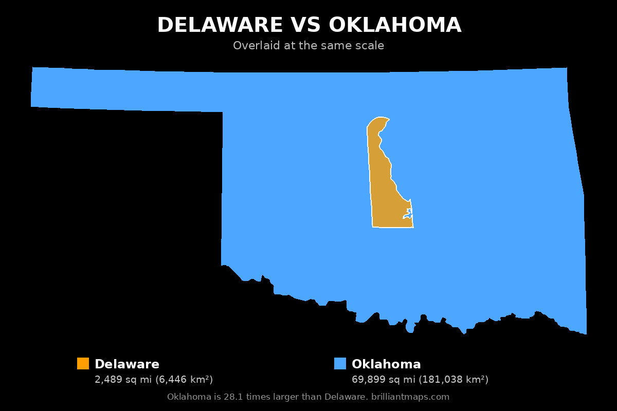 Delaware vs Oklahoma Size Comparison Map