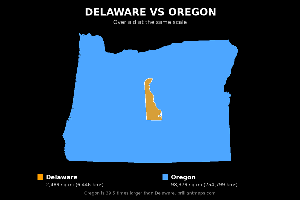 Delaware vs Oregon Size Comparison Map