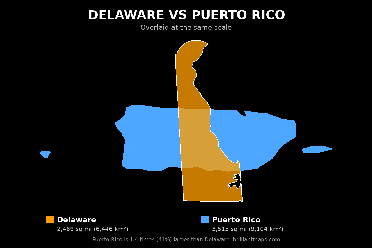 Delaware vs Puerto Rico Size Comparison Map