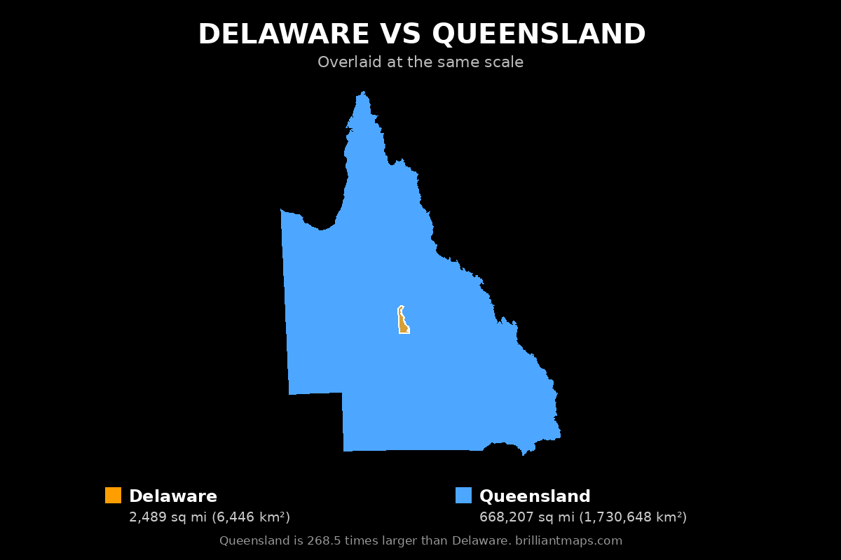 Delaware vs Queensland Size Comparison Map