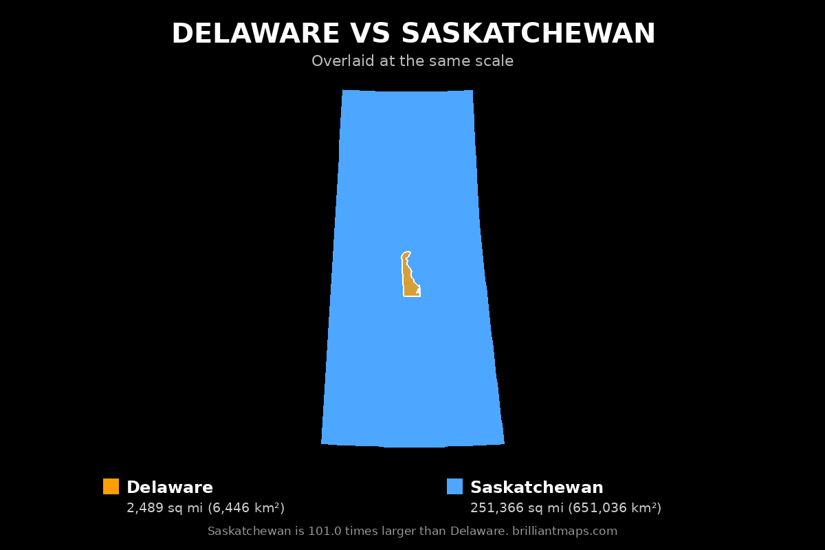 Delaware vs Saskatchewan Size Comparison Map