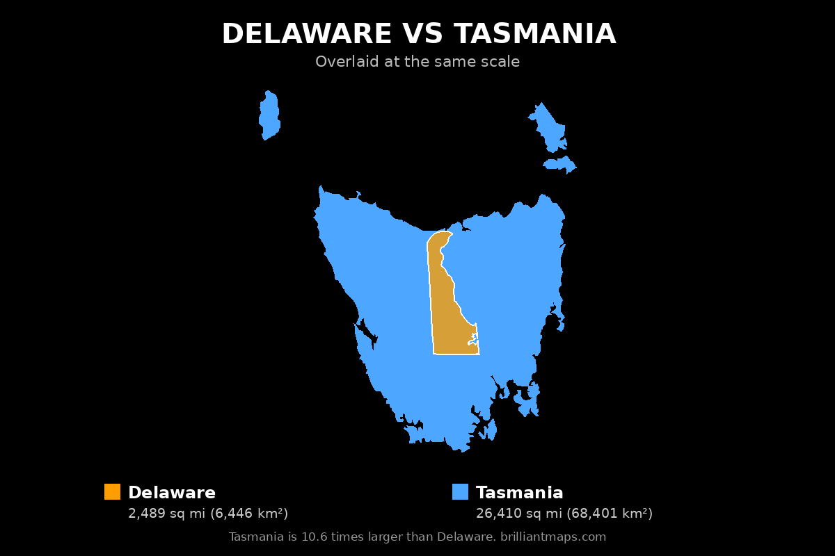 Delaware vs Tasmania Size Comparison Map