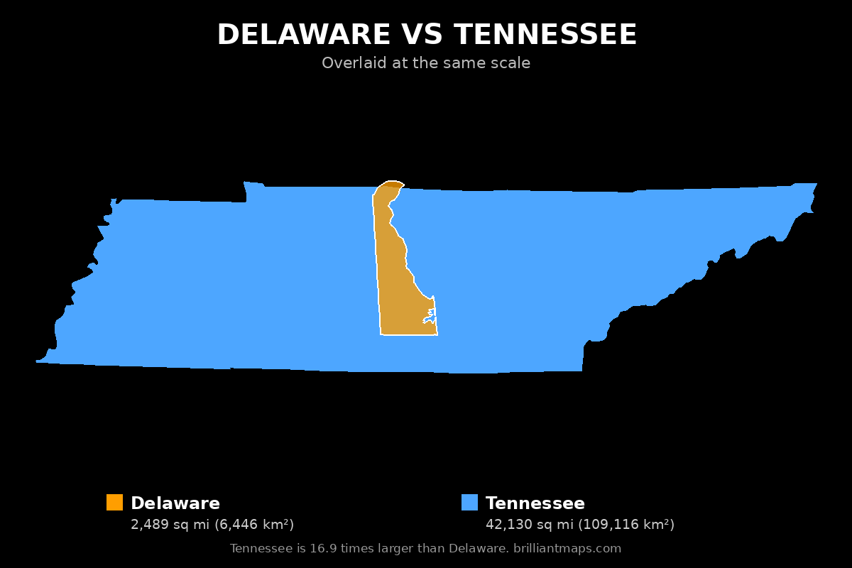Delaware vs Tennessee Size Comparison Map