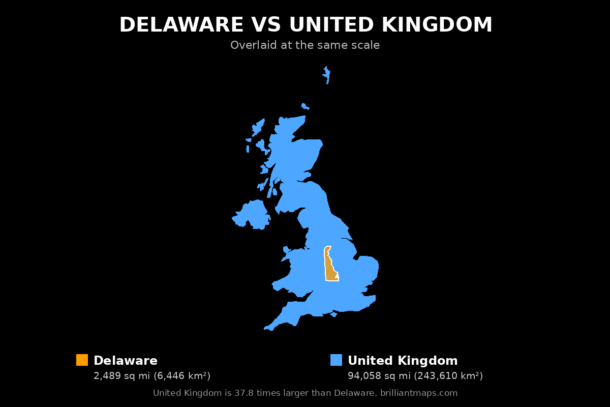 Delaware vs United Kingdom Size Comparison Map