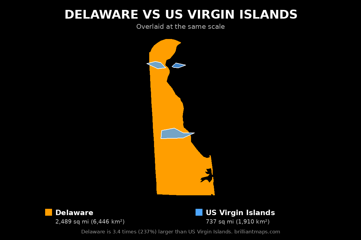 Delaware vs US Virgin Islands Size Comparison Map