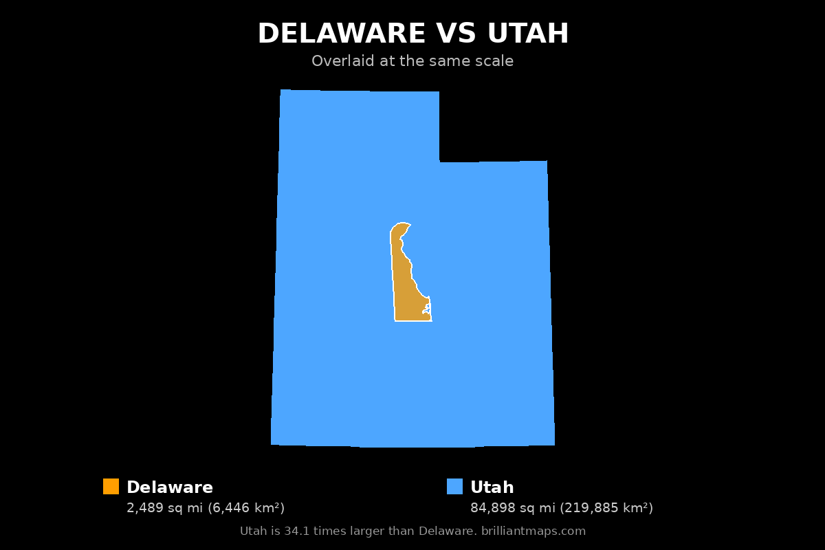 Delaware vs Utah Size Comparison Map