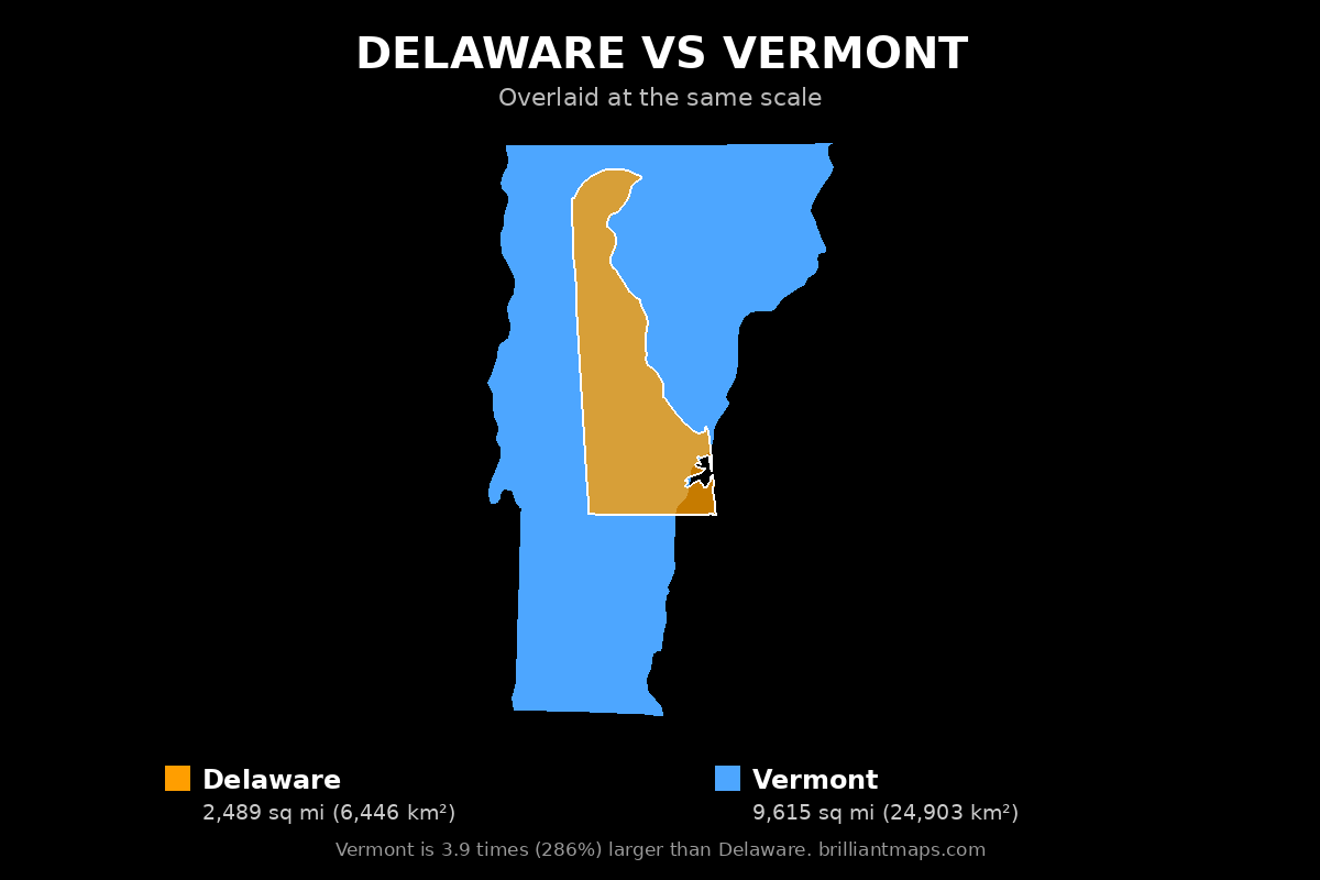 Delaware vs Vermont Size Comparison Map