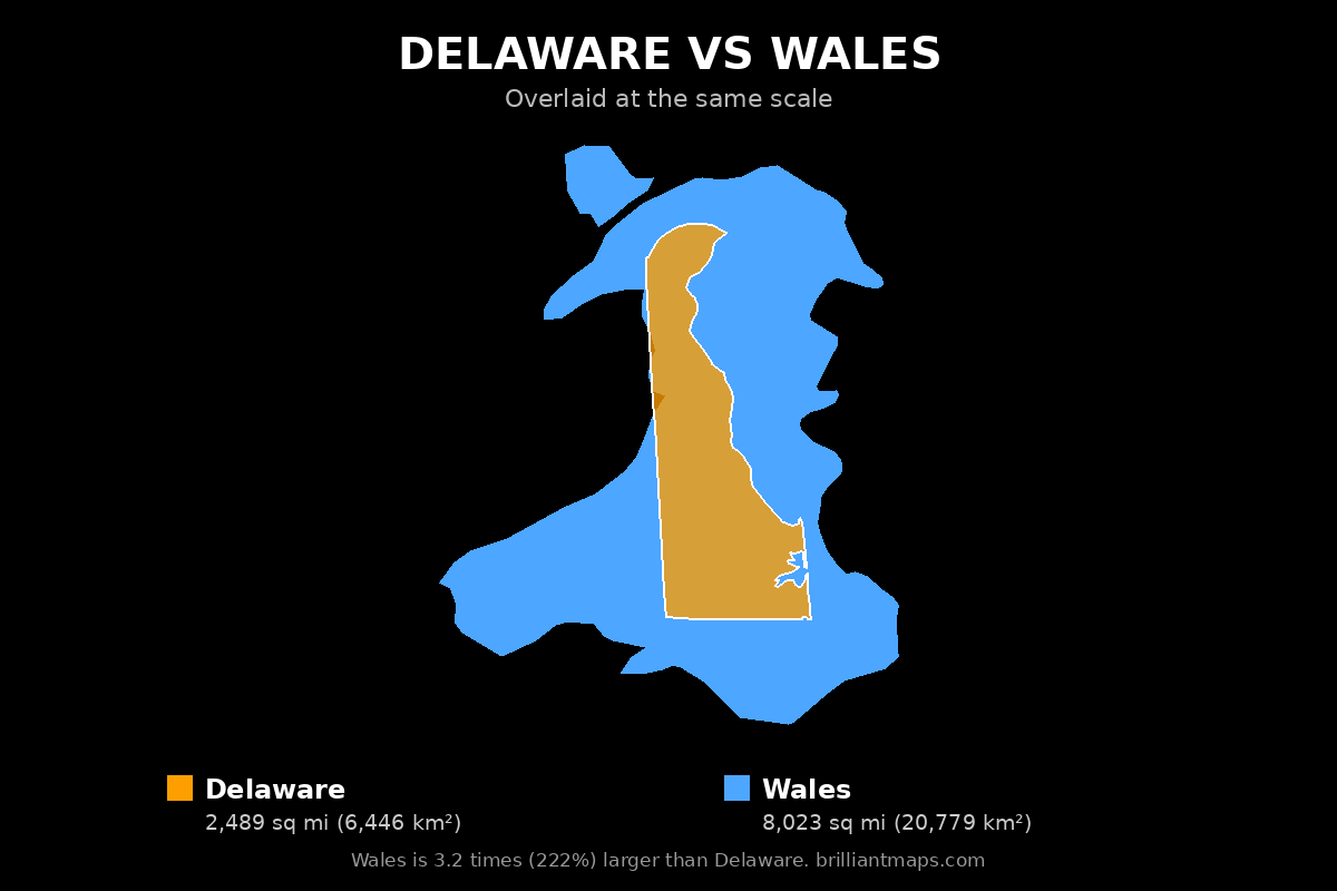 Delaware vs Wales Size Comparison Map
