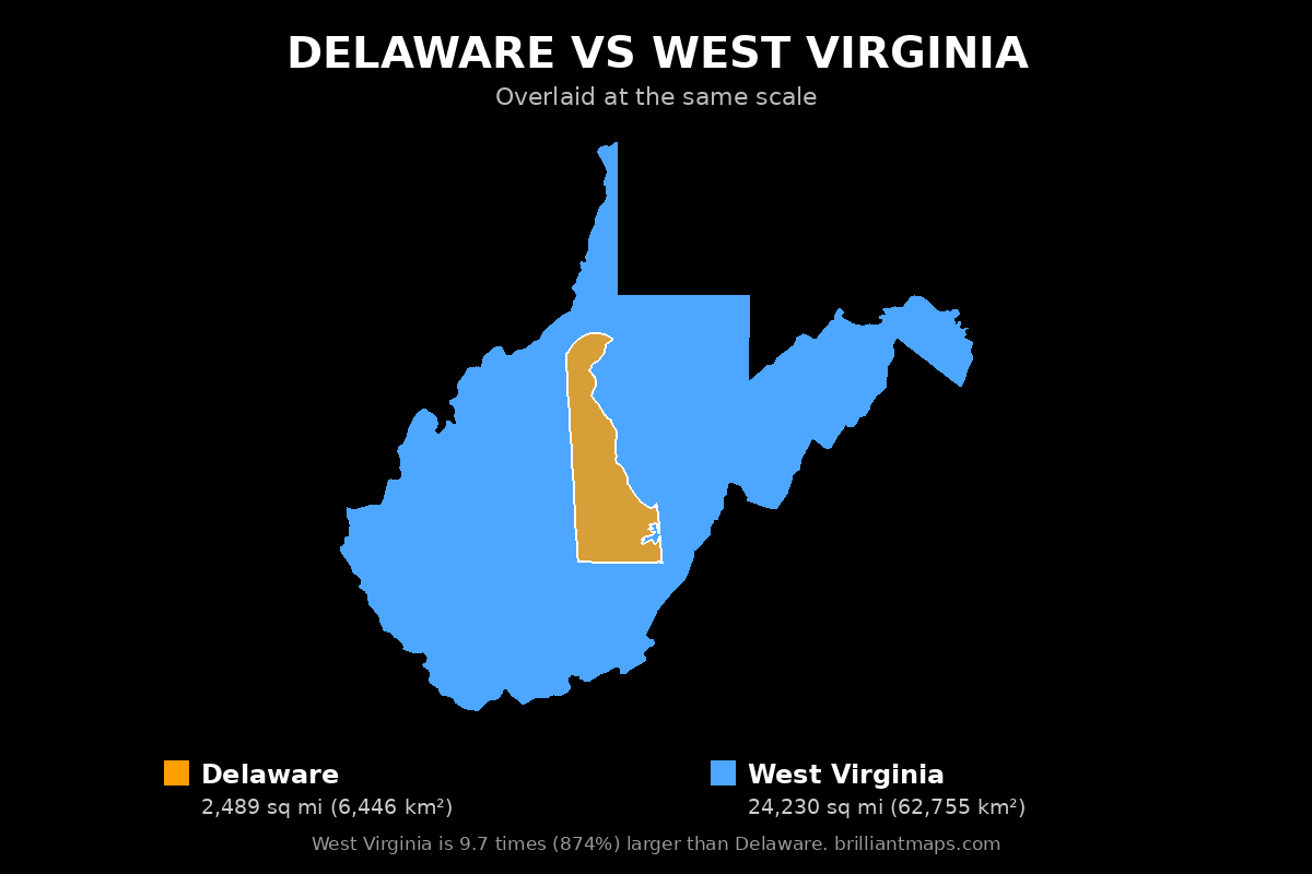 Delaware vs West Virginia Size Comparison Map