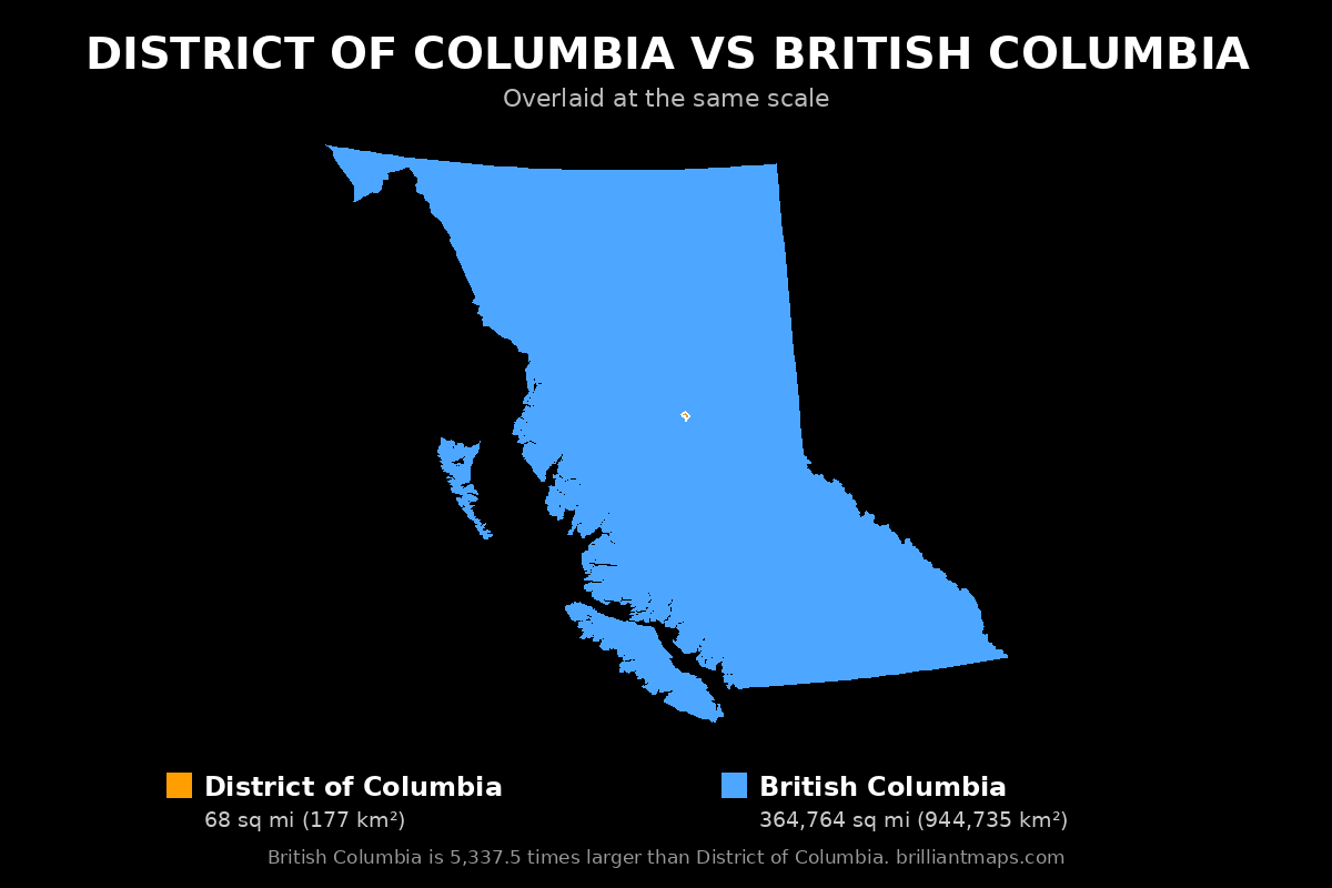 District of Columbia vs British Columbia Size Comparison Map