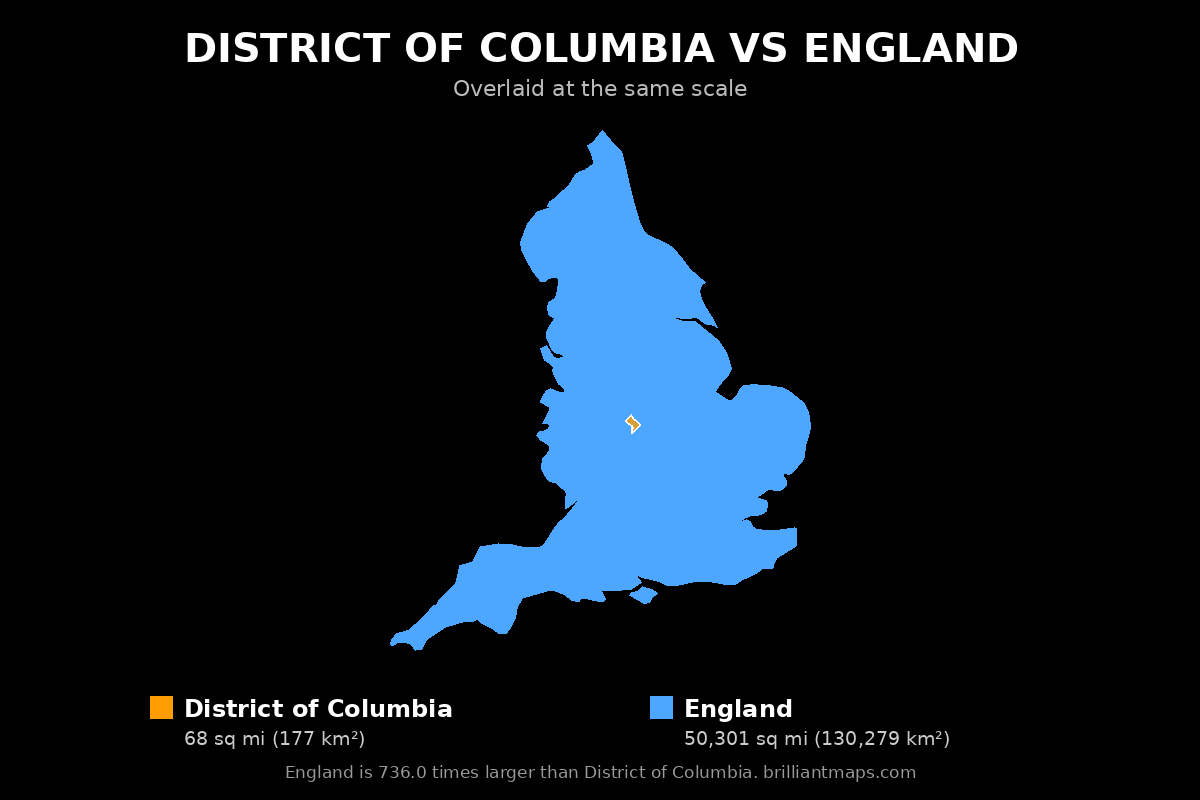 District of Columbia vs England Size Comparison Map