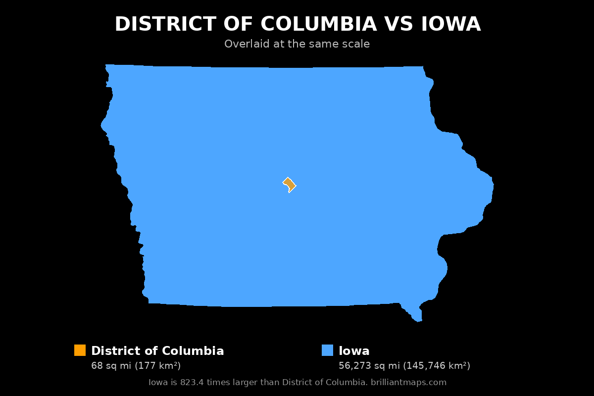 District of Columbia vs Iowa Size Comparison Map