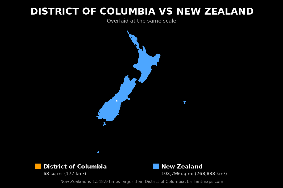 District of Columbia vs New Zealand Size Comparison Map