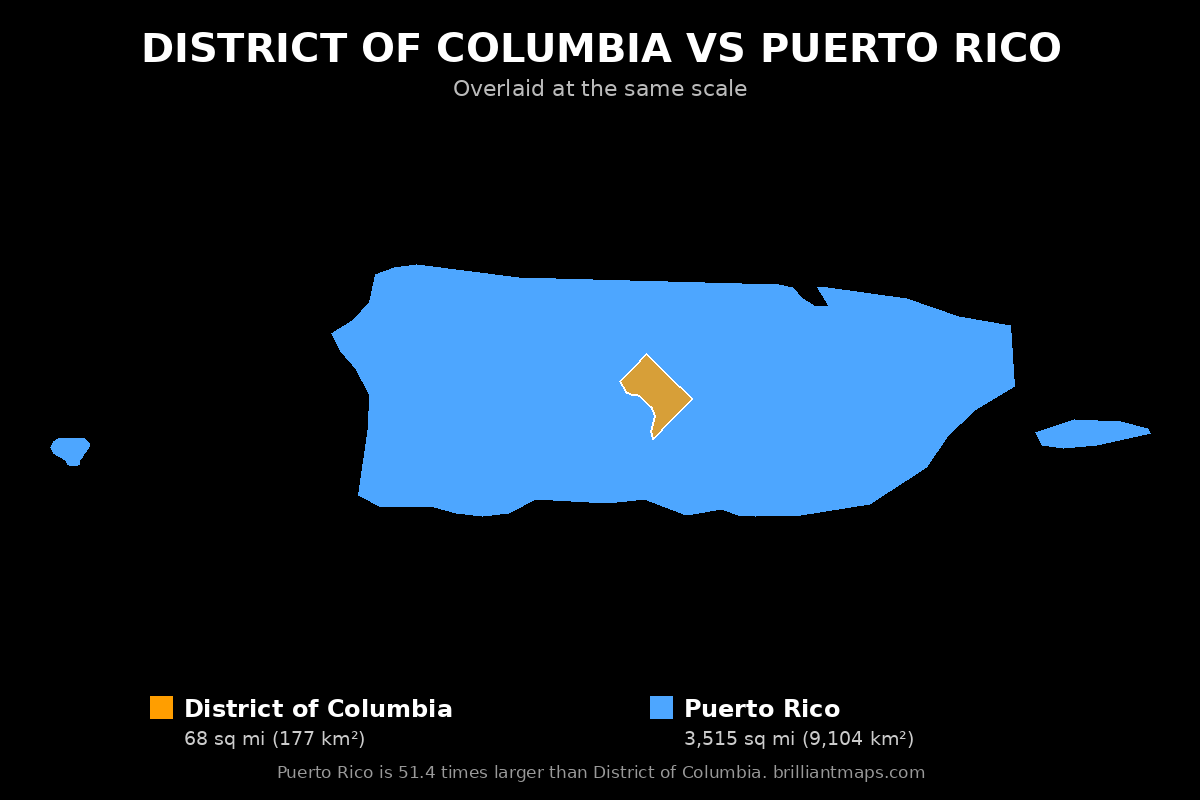District of Columbia vs Puerto Rico Size Comparison Map