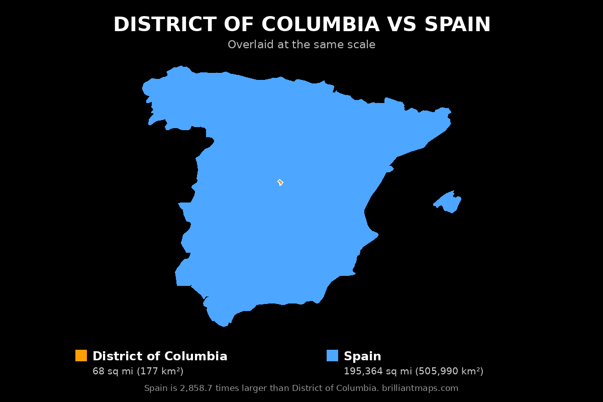 District of Columbia vs Spain Size Comparison Map