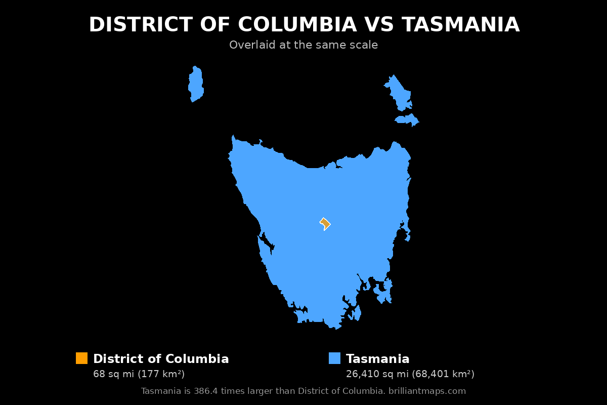 District of Columbia vs Tasmania Size Comparison Map