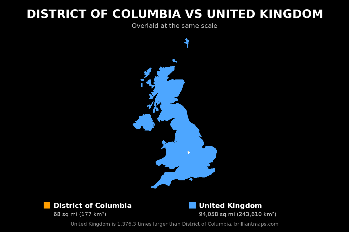 District of Columbia vs United Kingdom Size Comparison Map