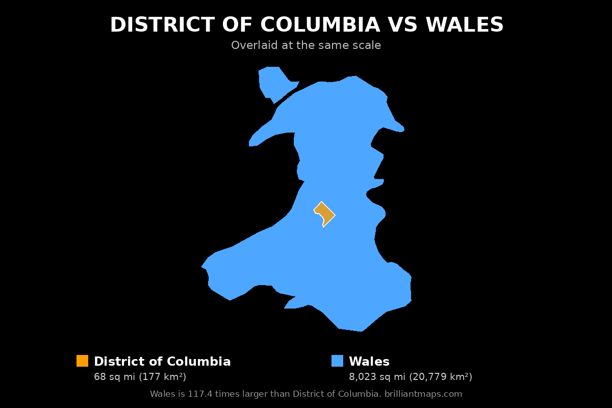 District of Columbia vs Wales Size Comparison Map