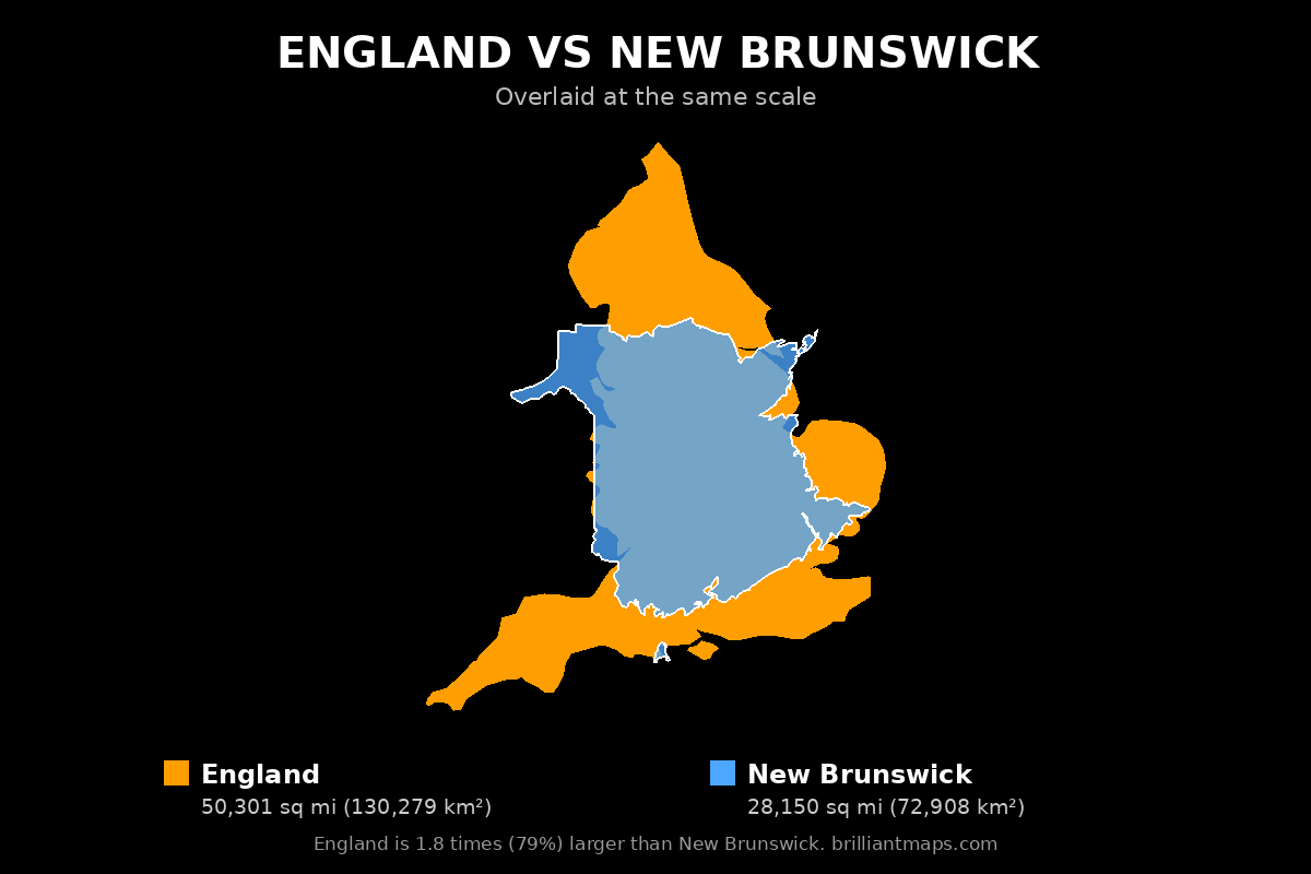 England vs New Brunswick Size Comparison Map