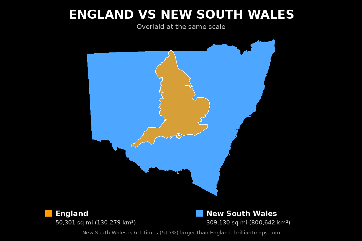 England vs New South Wales Size Comparison Map