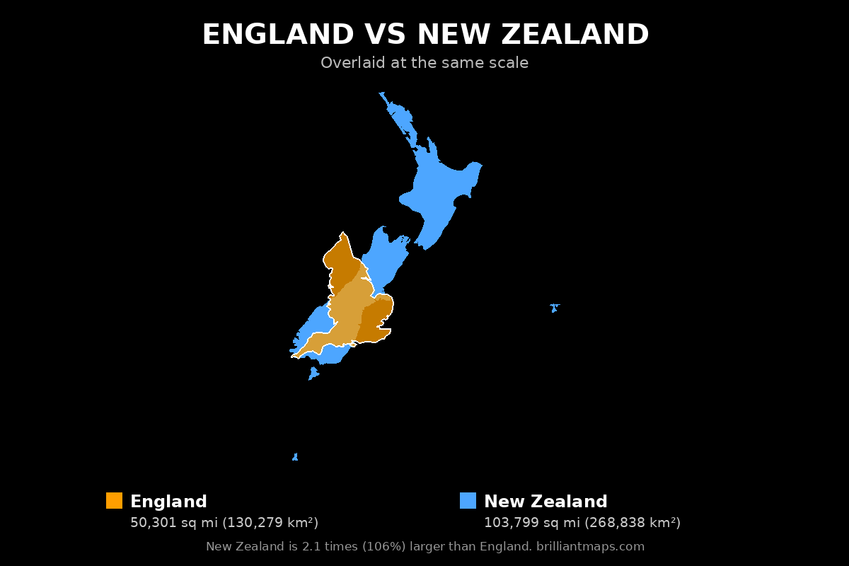 England vs New Zealand Size Comparison Map