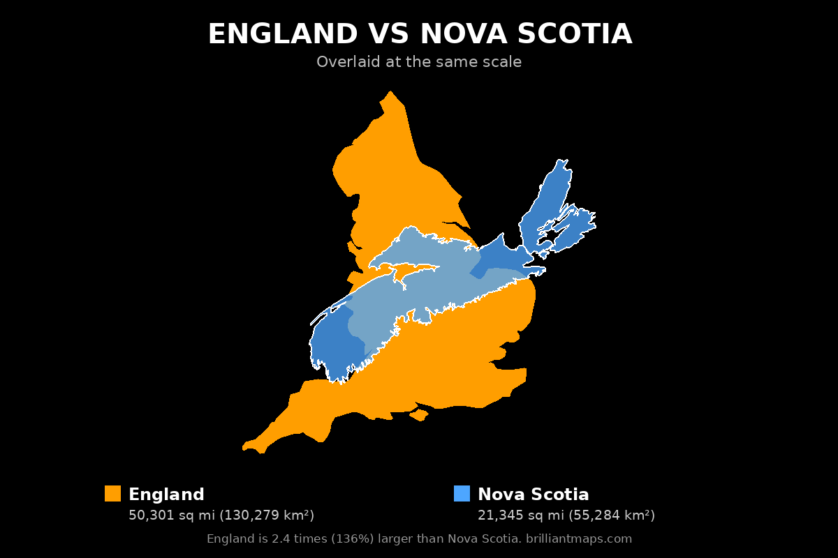 England vs Nova Scotia Size Comparison Map