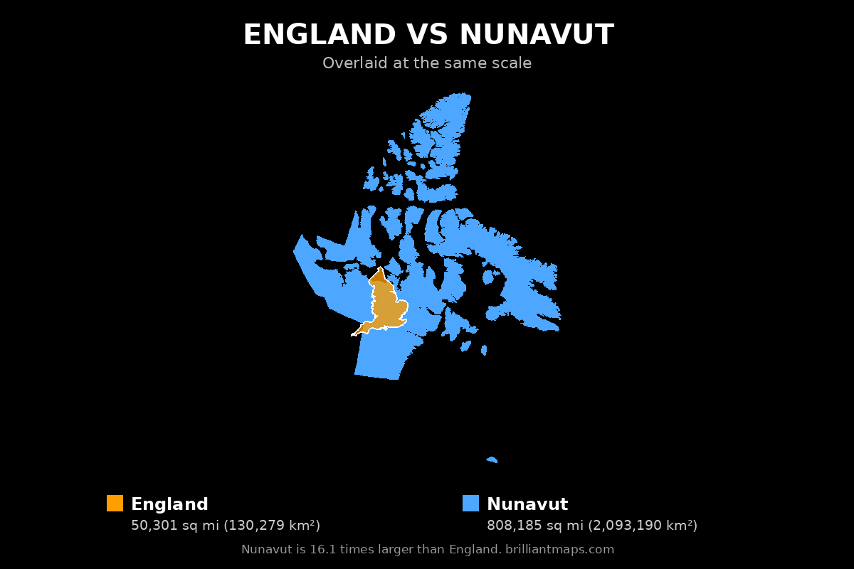 England vs Nunavut Size Comparison Map
