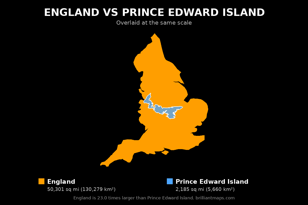 England vs Prince Edward Island Size Comparison Map