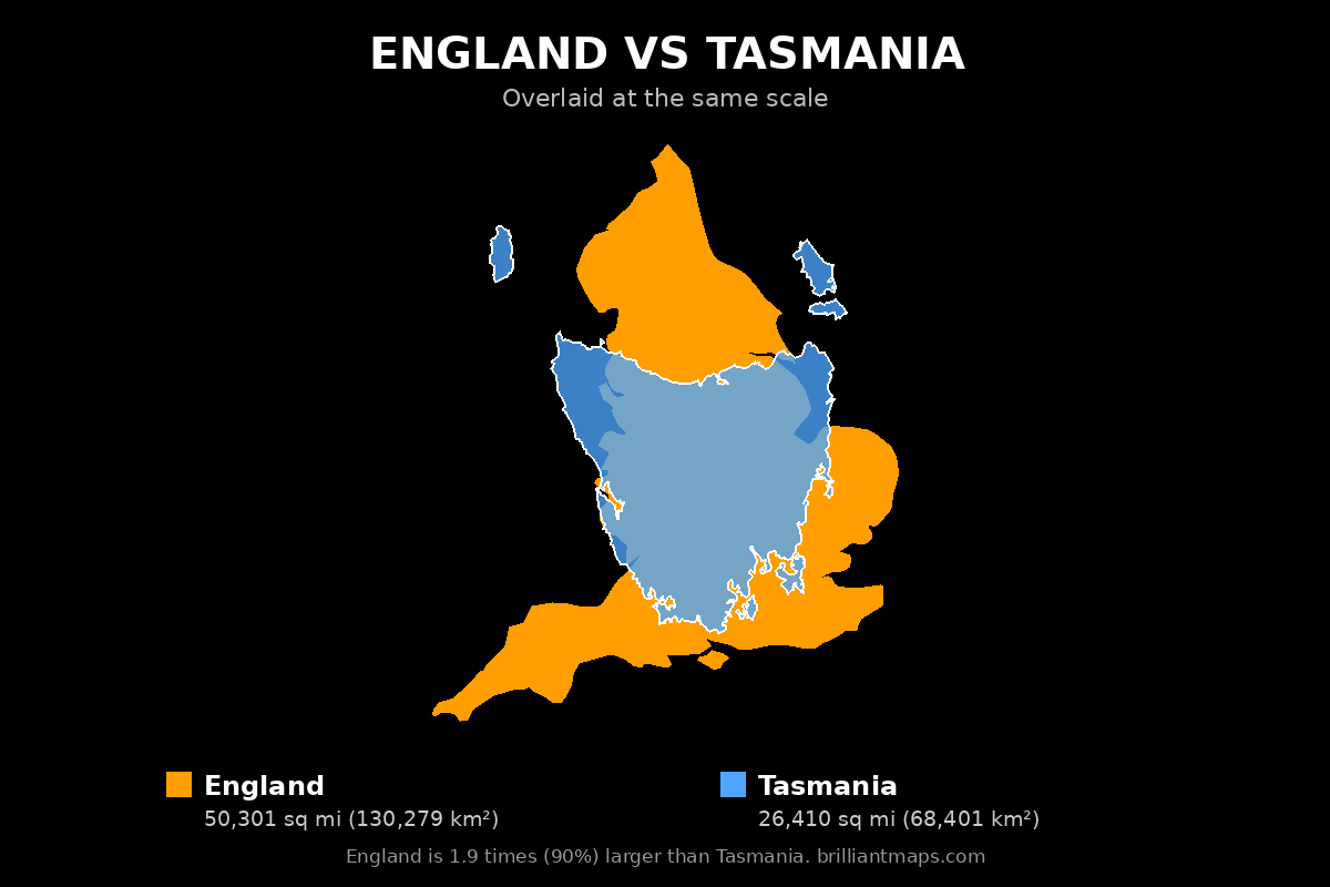 England vs Tasmania Size Comparison Map