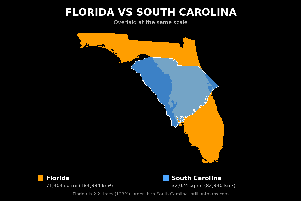 Florida vs South Carolina Size Comparison Map
