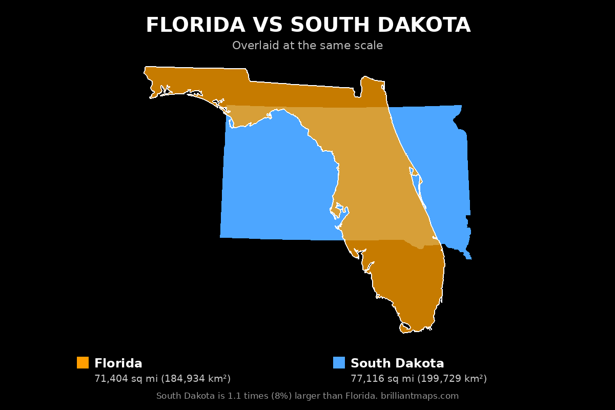 Florida vs South Dakota Size Comparison Map