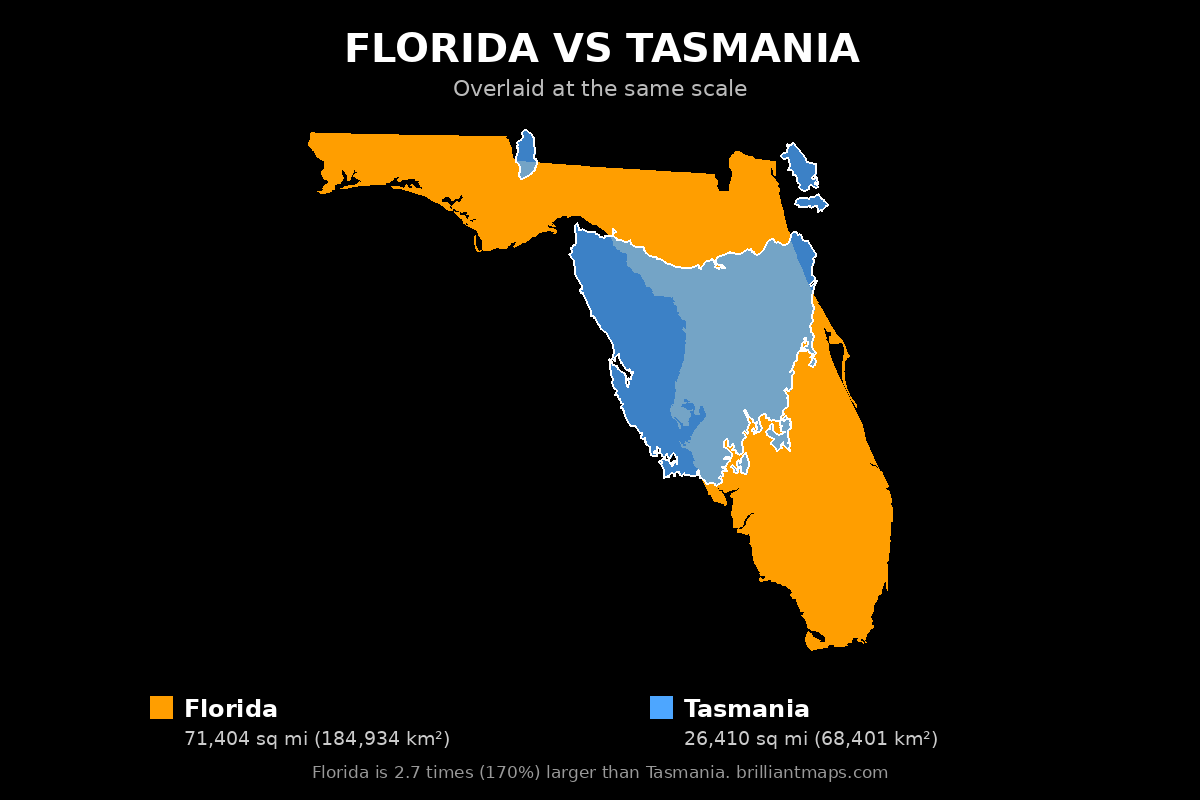 Florida vs Tasmania Size Comparison Map