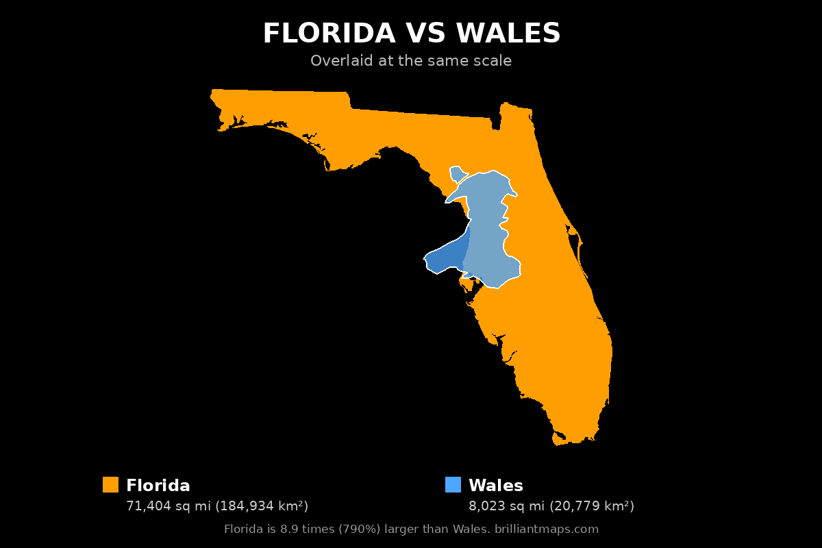 Florida vs Wales Size Comparison Map