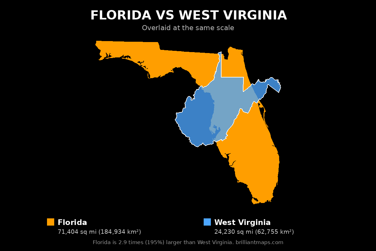 Florida vs West Virginia Size Comparison Map
