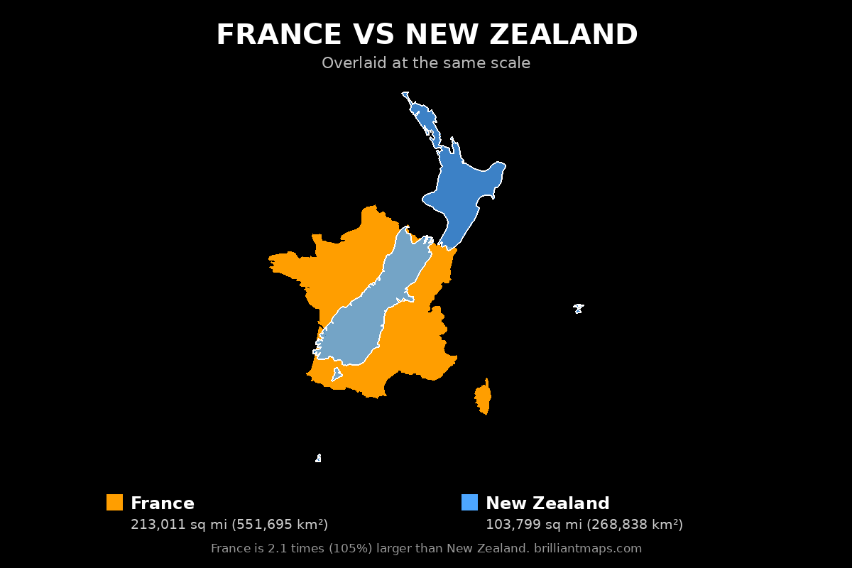 France vs New Zealand Size Comparison Map