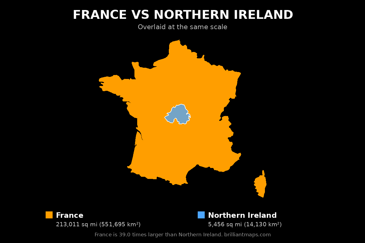 France vs Northern Ireland Size Comparison Map