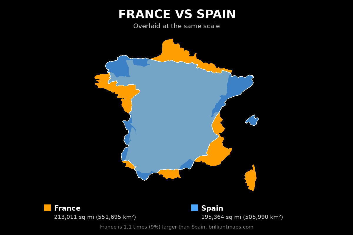 France vs Spain Size Comparison Map