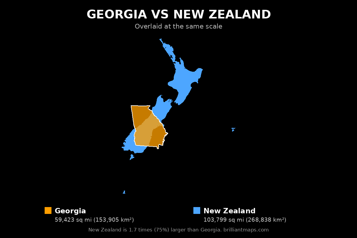 Georgia vs New Zealand Size Comparison Map