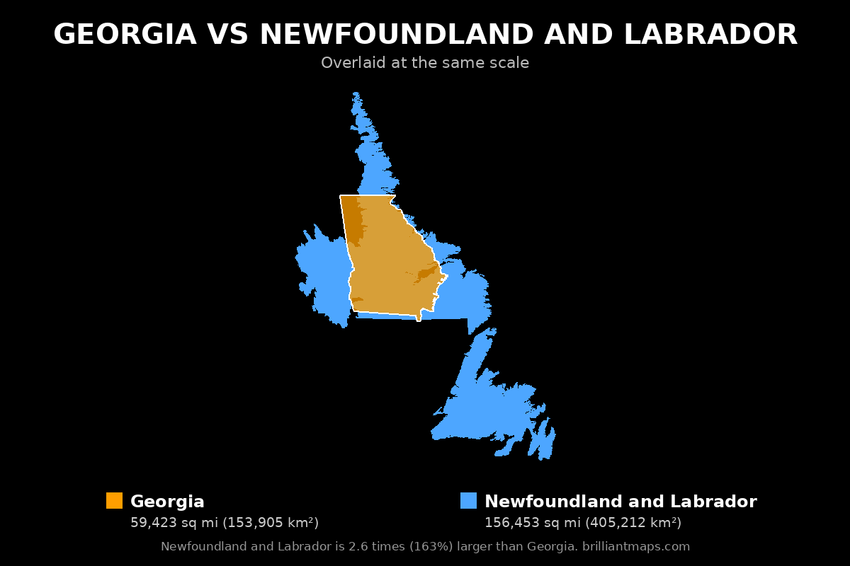 Georgia vs Newfoundland and Labrador Size Comparison Map
