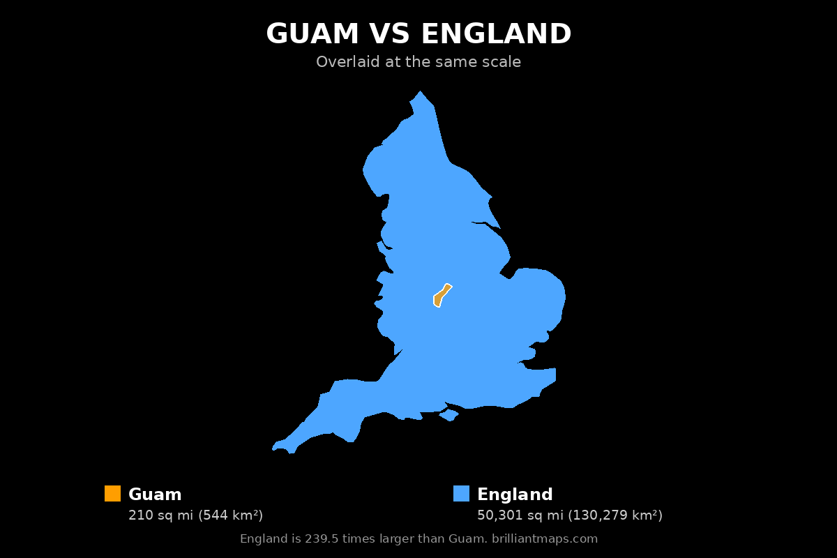 Guam vs England Size Comparison Map