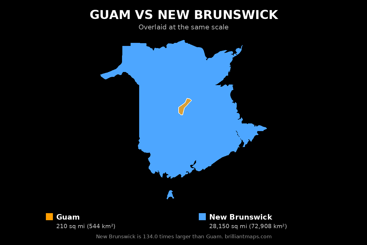 Guam vs New Brunswick Size Comparison Map